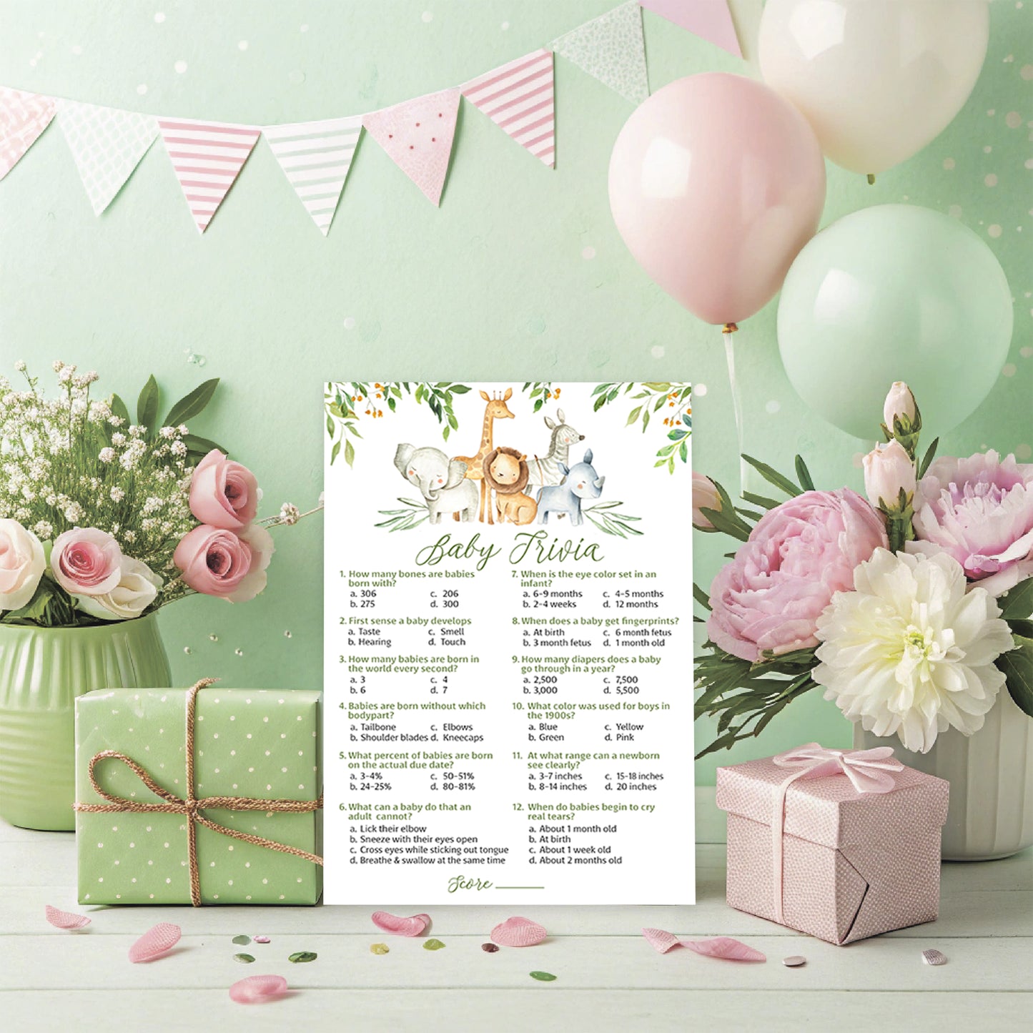 Safari Animals Baby Shower Game - Baby Trivia • SET of 25