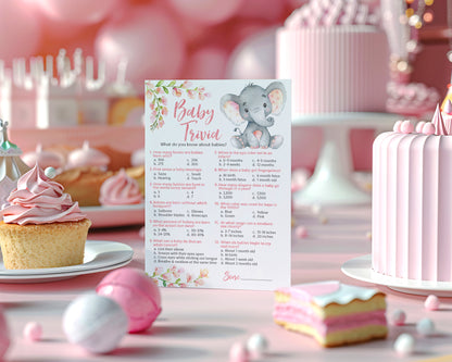 Pink Elephant Floral Girl Baby Shower Game - Baby Trivia • SET of 25