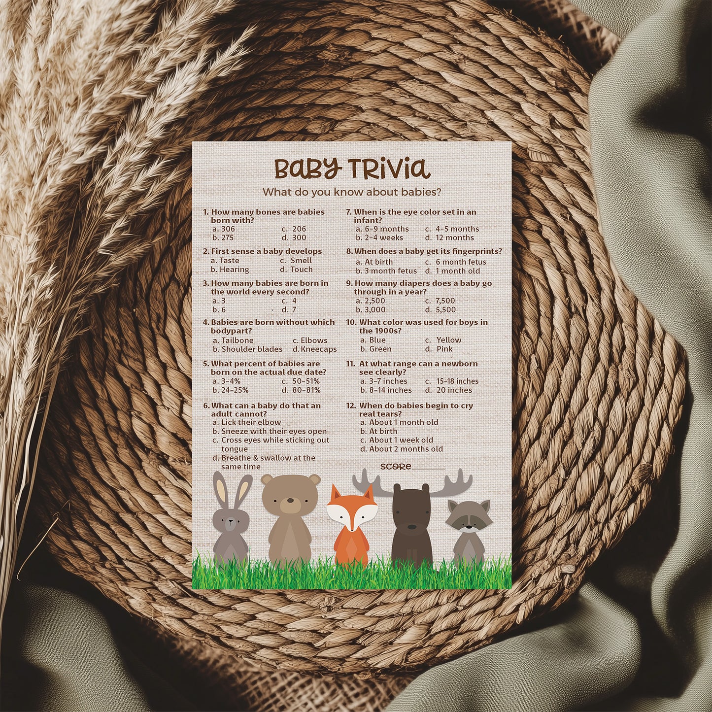 Woodland Animals Baby Shower Game - Baby Trivia • SET of 25