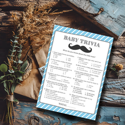 Mustache Boy Baby Shower Game - Baby Trivia • SET of 25