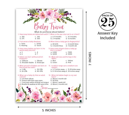 Floral Girl Baby Shower Game - Baby Trivia • SET of 25