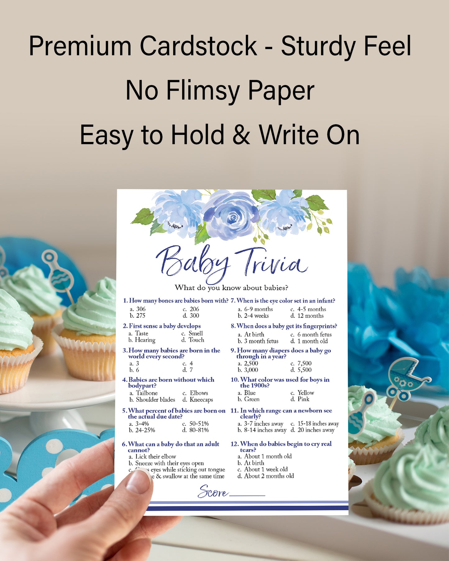 Blue Floral Garden Boy Baby Shower Game - Baby Trivia • SET of 25