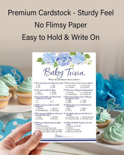 Blue Floral Garden Boy Baby Shower Game - Baby Trivia • SET of 25