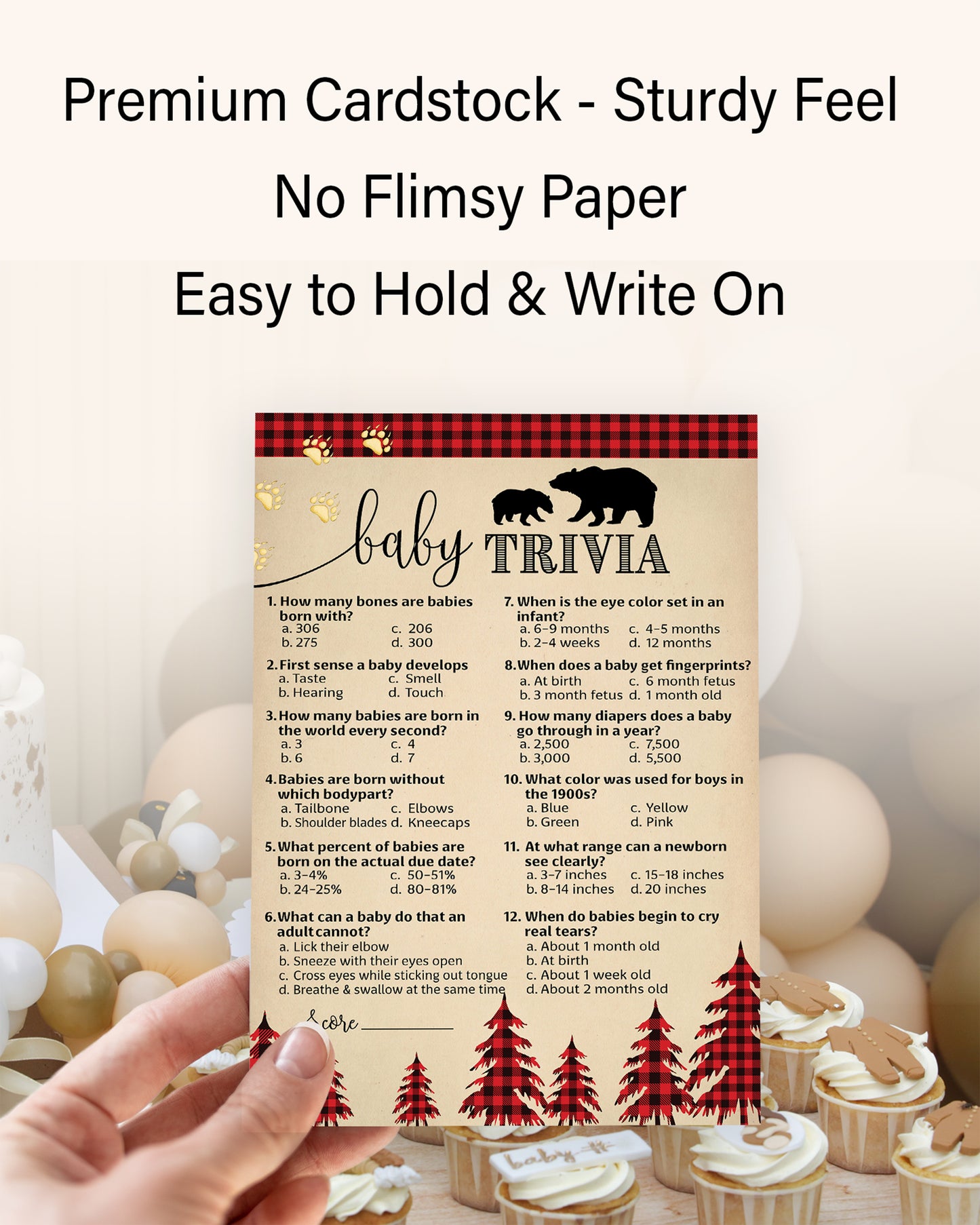 Lumberjack Baby Trivia • 25 Cards • Rustic Buffalo Plaid Baby Shower Game