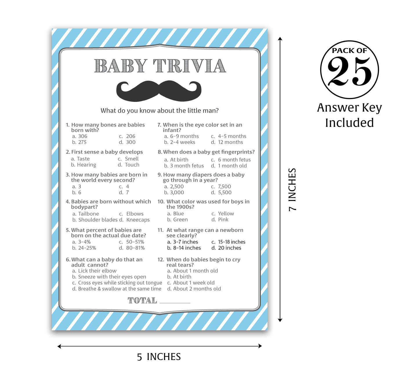 Mustache Boy Baby Shower Game - Baby Trivia • SET of 25