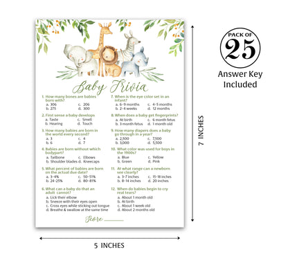 Safari Animals Baby Shower Game - Baby Trivia • SET of 25