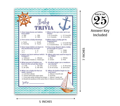 Nautical Baby Shower Game • Baby Trivia • Pack of 25 - Printed