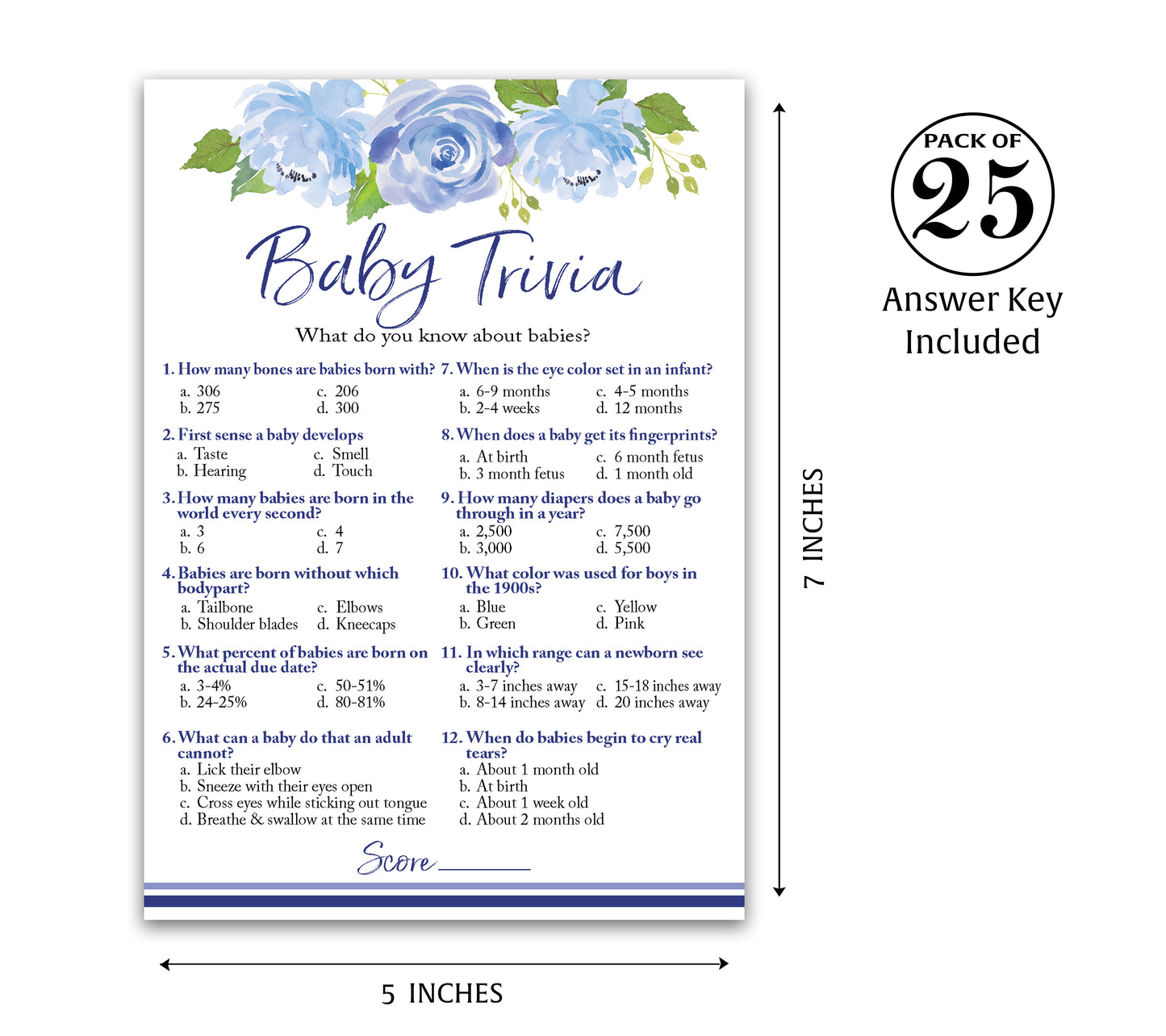 Blue Floral Garden Boy Baby Shower Game - Baby Trivia • SET of 25