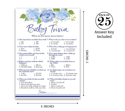 Blue Floral Garden Boy Baby Shower Game - Baby Trivia • SET of 25