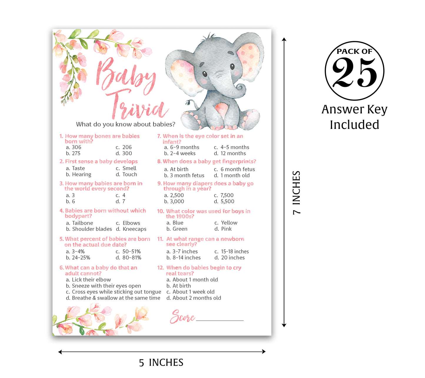 Pink Elephant Floral Girl Baby Shower Game - Baby Trivia • SET of 25