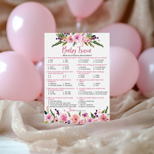 Floral Girl Baby Shower Game - Baby Trivia • SET of 25