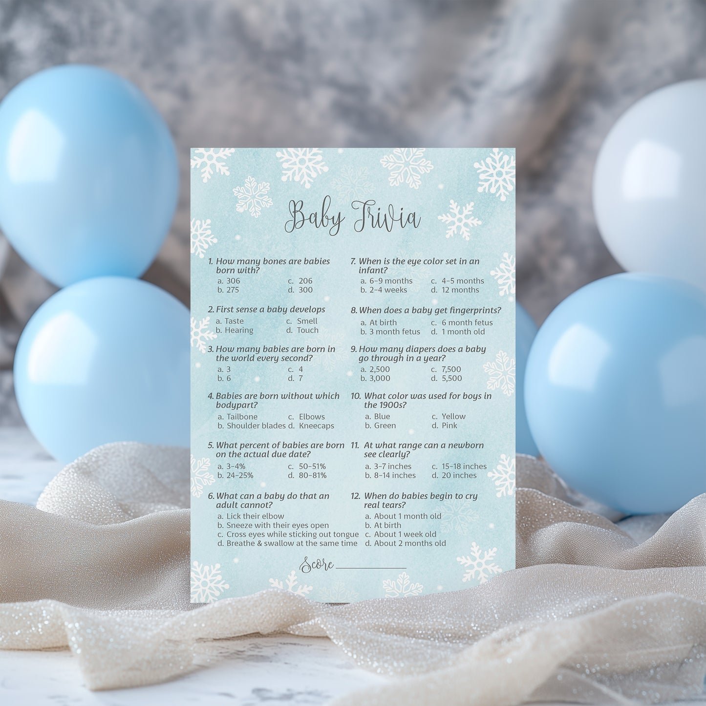 Snowflakes Boy Baby Shower Game Baby Trivia • Pack of 25 • Blue Winter Wonderland Theme