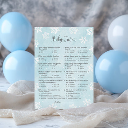 Snowflakes Boy Baby Shower Game Baby Trivia • Pack of 25 • Blue Winter Wonderland Theme