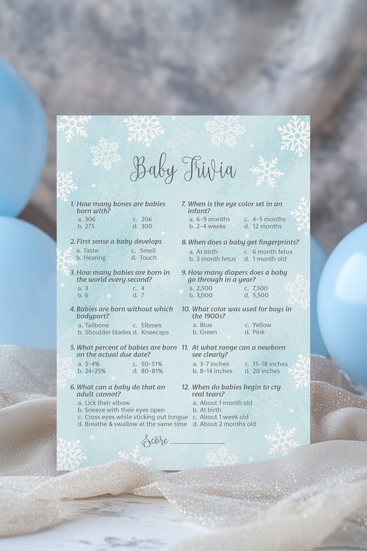 Baby shower game card for twins with balloons and ribbons in the background