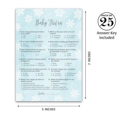 Snowflakes Boy Baby Shower Game Baby Trivia • Pack of 25 • Blue Winter Wonderland Theme