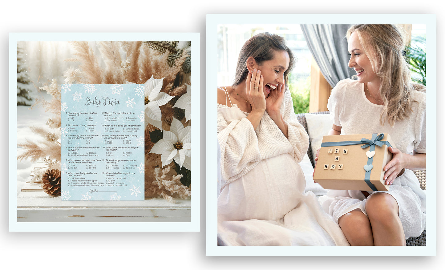Snowflakes Boy Baby Shower Game Baby Trivia • Pack of 25 • Blue Winter Wonderland Theme