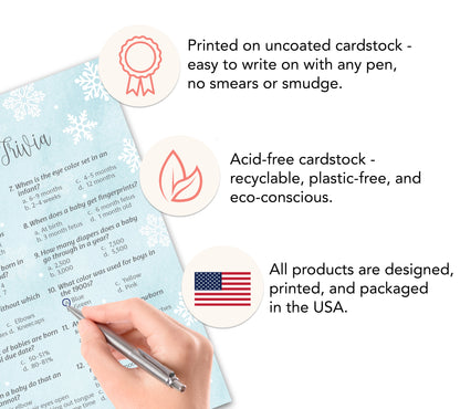 Snowflakes Boy Baby Shower Game Baby Trivia • Pack of 25 • Blue Winter Wonderland Theme