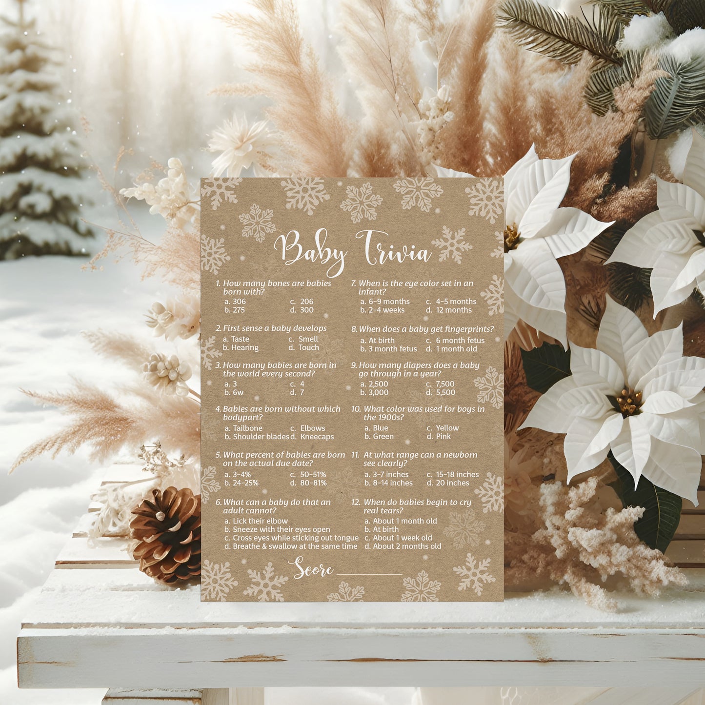 Snowflakes Baby Trivia Baby Shower Game • Pack of 25 • Gender Neutral Winter Wonderland