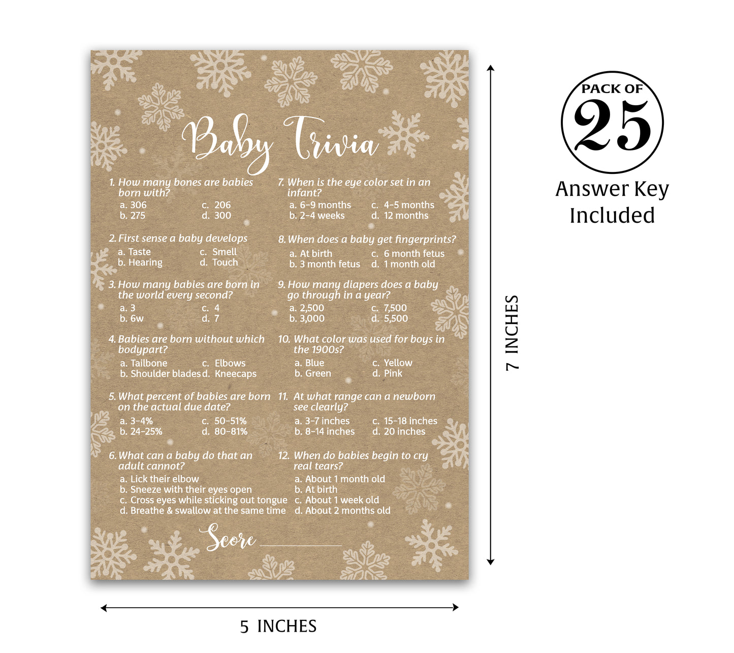 Snowflakes Baby Trivia Baby Shower Game • Pack of 25 • Gender Neutral Winter Wonderland