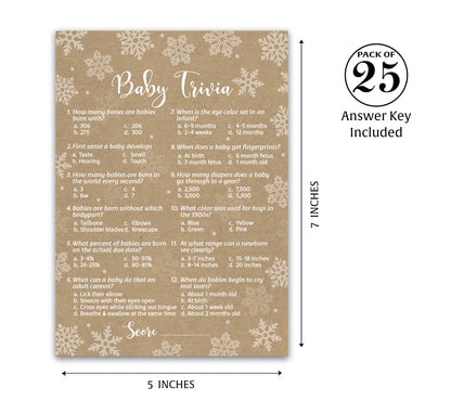 Snowflakes Baby Trivia Baby Shower Game • Pack of 25 • Gender Neutral Winter Wonderland