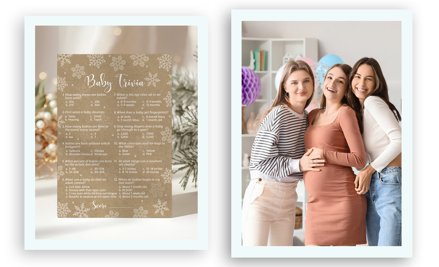 Snowflakes Baby Trivia Baby Shower Game • Pack of 25 • Gender Neutral Winter Wonderland