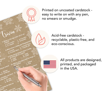 Snowflakes Baby Trivia Baby Shower Game • Pack of 25 • Gender Neutral Winter Wonderland