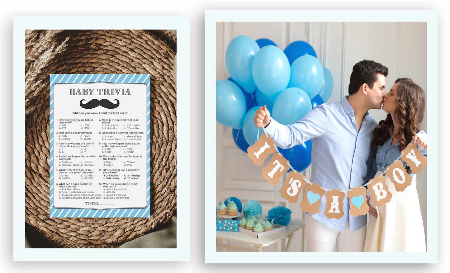 Mustache Boy Baby Shower Game - Baby Trivia • SET of 25