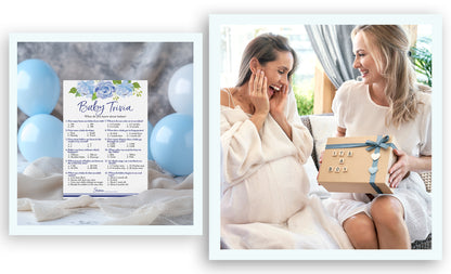 Blue Floral Garden Boy Baby Shower Game - Baby Trivia • SET of 25
