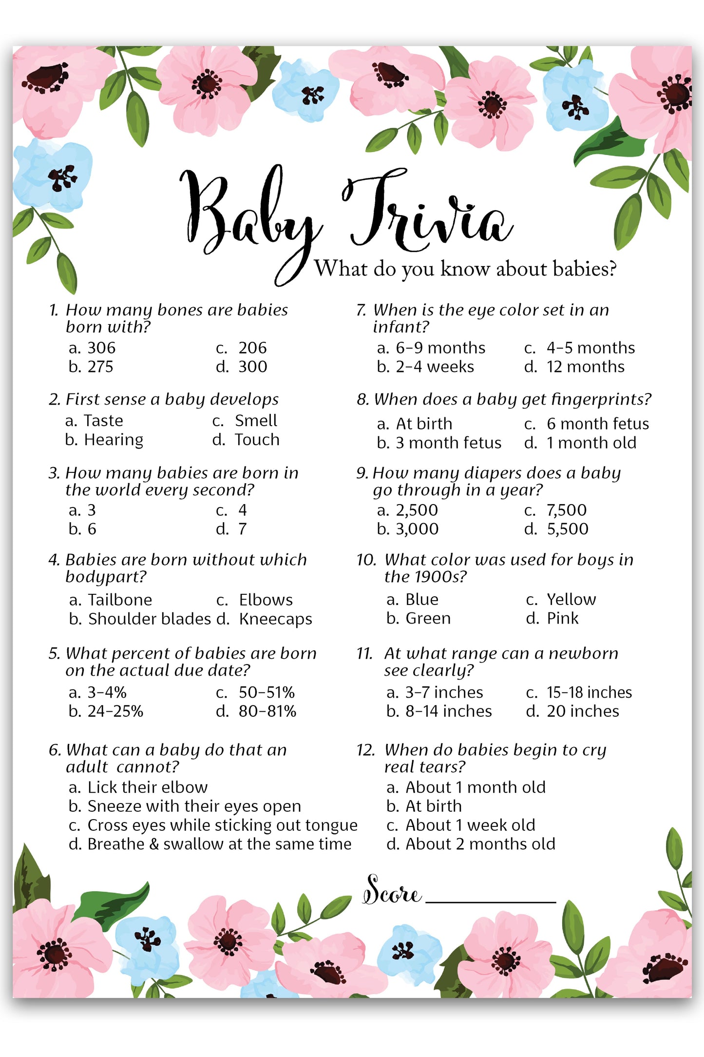 Baby trivia game card with floral design on a white background
