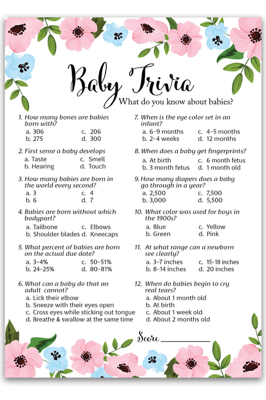 Baby trivia game card with floral design on a white background