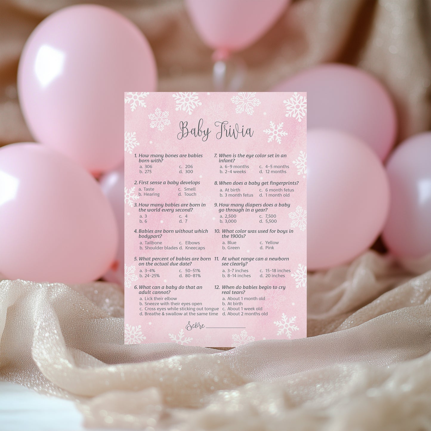 Snowflakes Baby Trivia Baby Shower Game • Pack of 25 • Pink Winter Wonderland Theme