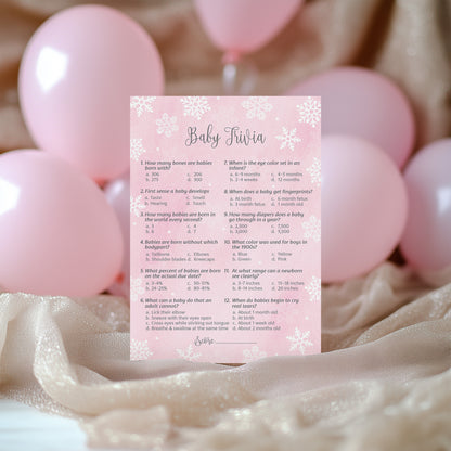 Snowflakes Baby Trivia Baby Shower Game • Pack of 25 • Pink Winter Wonderland Theme