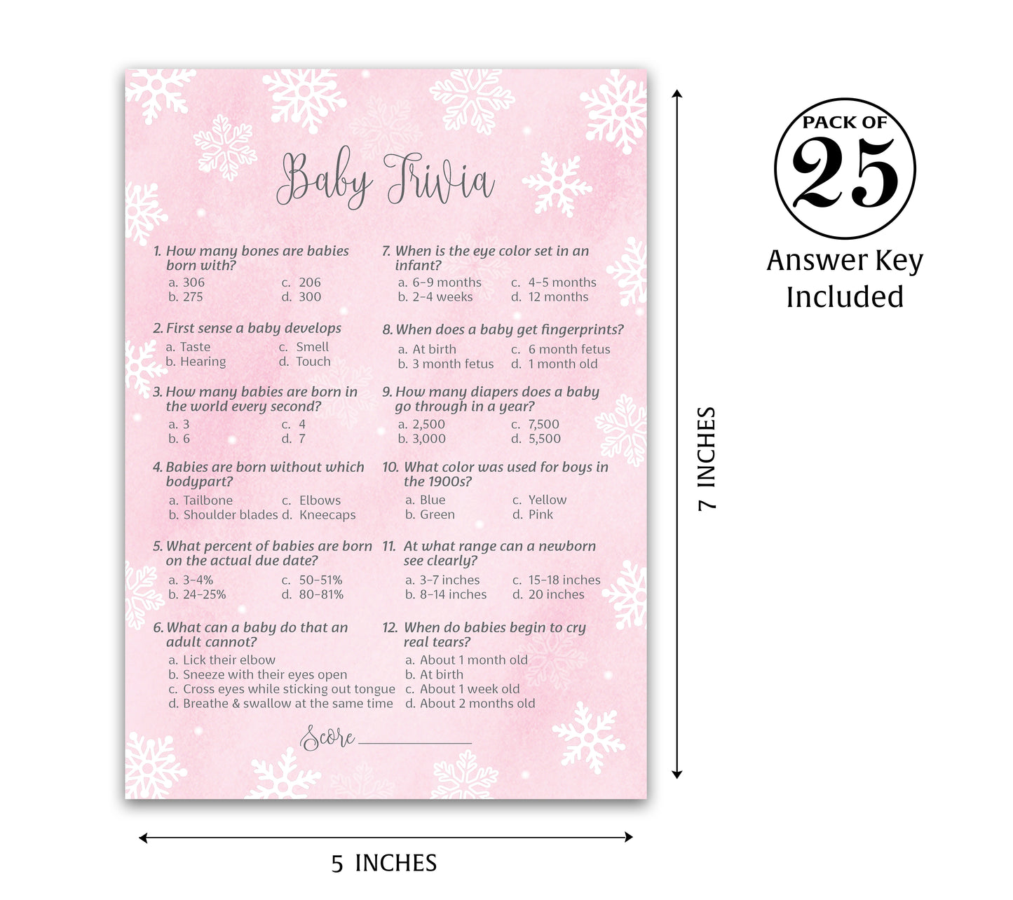 Snowflakes Baby Trivia Baby Shower Game • Pack of 25 • Pink Winter Wonderland Theme