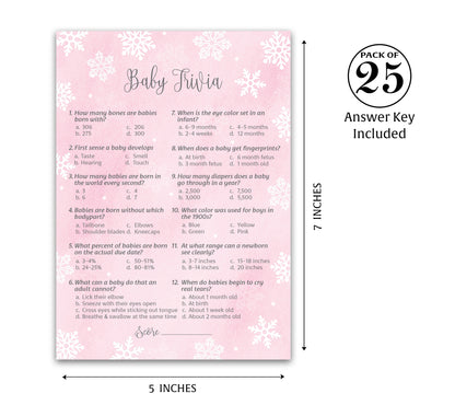 Snowflakes Baby Trivia Baby Shower Game • Pack of 25 • Pink Winter Wonderland Theme