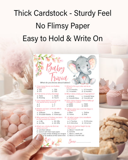 Pink Elephant Floral Girl Baby Shower Game - Baby Trivia • SET of 25