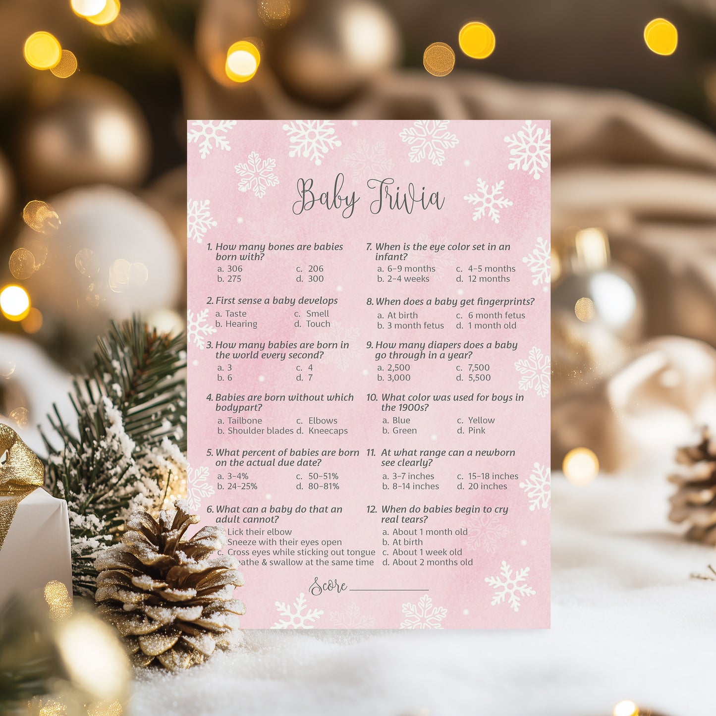 Snowflakes Baby Trivia Baby Shower Game • Pack of 25 • Pink Winter Wonderland Theme