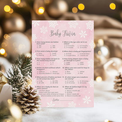 Snowflakes Baby Trivia Baby Shower Game • Pack of 25 • Pink Winter Wonderland Theme