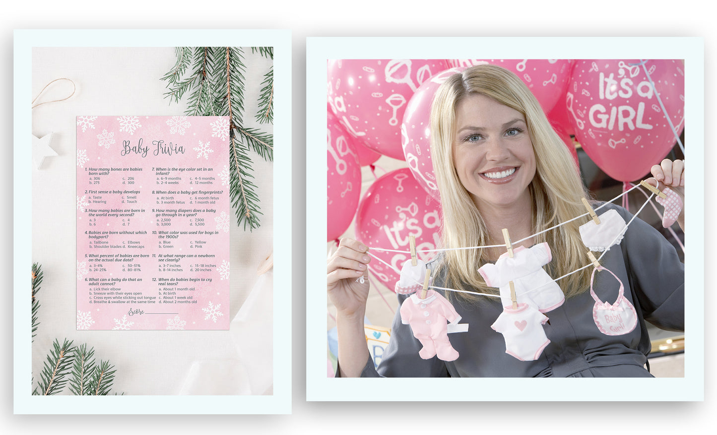 Snowflakes Baby Trivia Baby Shower Game • Pack of 25 • Pink Winter Wonderland Theme