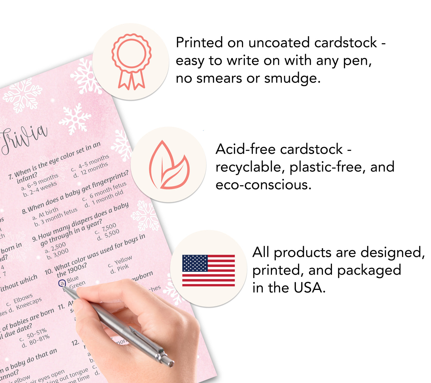 Snowflakes Baby Trivia Baby Shower Game • Pack of 25 • Pink Winter Wonderland Theme