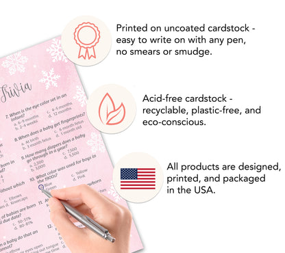 Snowflakes Baby Trivia Baby Shower Game • Pack of 25 • Pink Winter Wonderland Theme