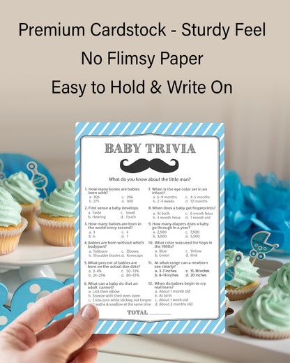 Mustache Boy Baby Shower Game - Baby Trivia • SET of 25