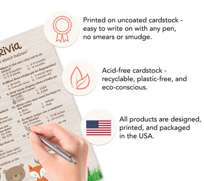 Woodland Animals Baby Shower Game - Baby Trivia • SET of 25