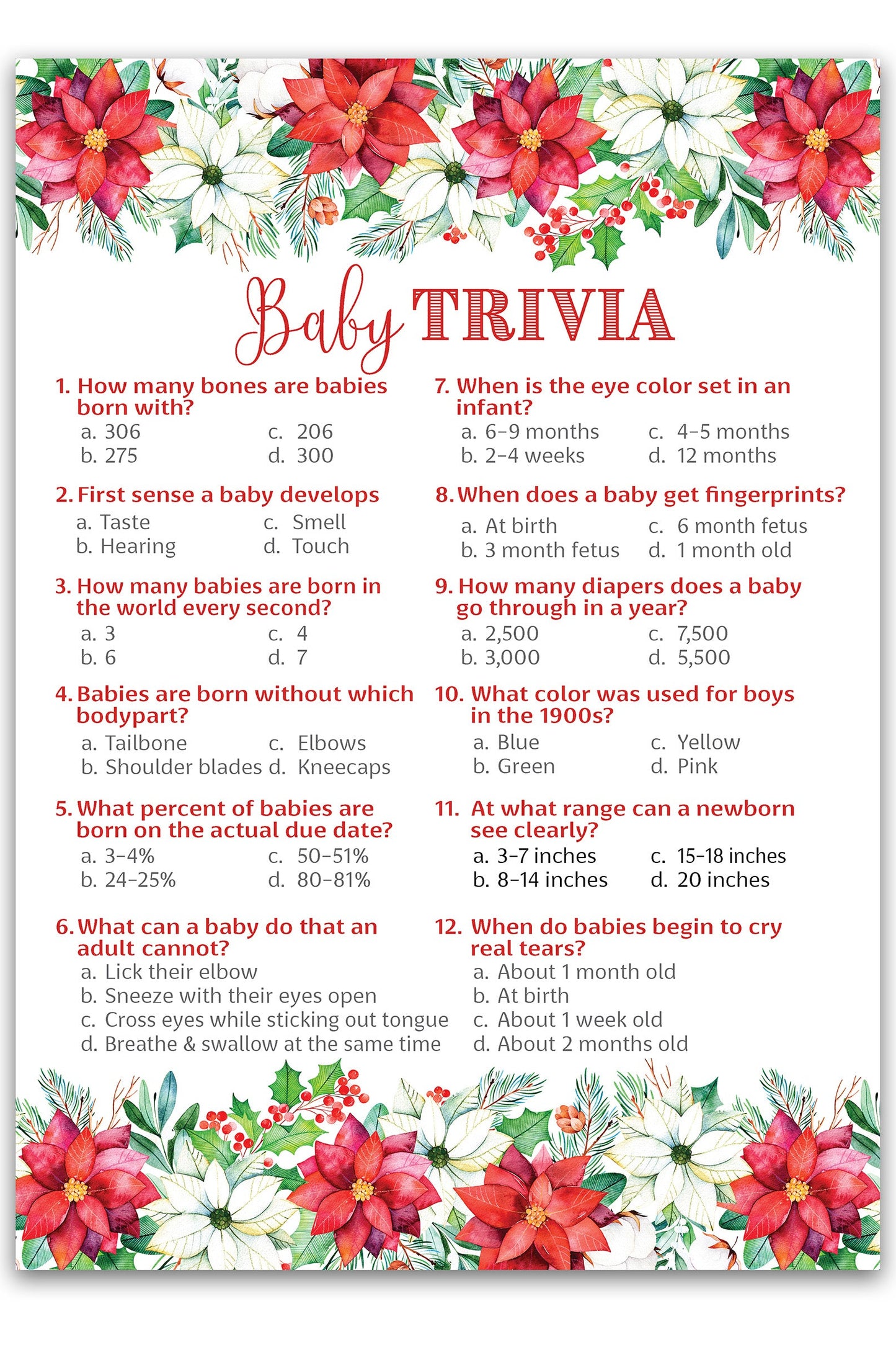 Christmas Baby Shower Game, Baby Trivia – Pack of 25 – Gender Neutral Winter Theme Holiday Baby Facts Activity