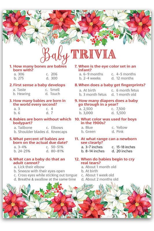 Christmas Baby Shower Game, Baby Trivia – Pack of 25 – Gender Neutral Winter Theme Holiday Baby Facts Activity