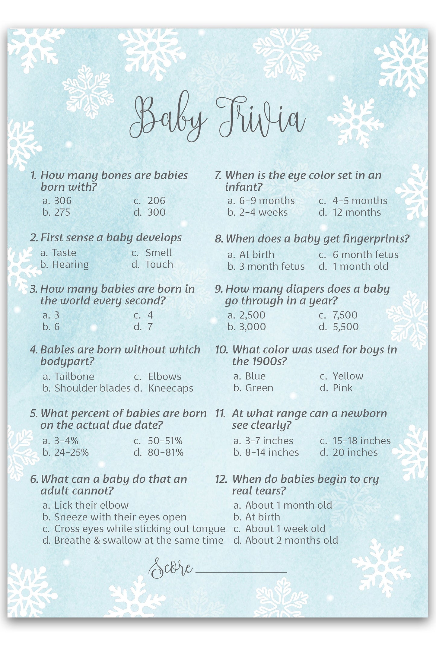 Snowflakes Boy Baby Shower Game Baby Trivia • Pack of 25 • Blue Winter Wonderland Theme