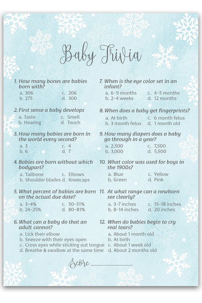 Snowflakes Boy Baby Shower Game Baby Trivia • Pack of 25 • Blue Winter Wonderland Theme
