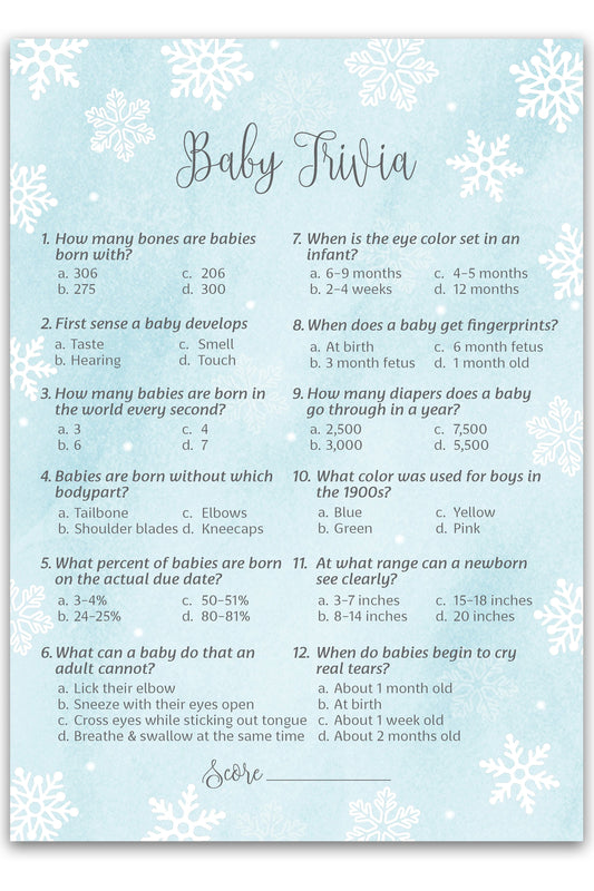 Snowflakes Boy Baby Shower Game Baby Trivia • Pack of 25 • Blue Winter Wonderland Theme