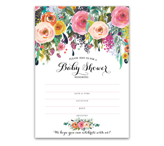 FLORAL Baby Shower Blank Fill-in INVITATIONS — Pack of 25