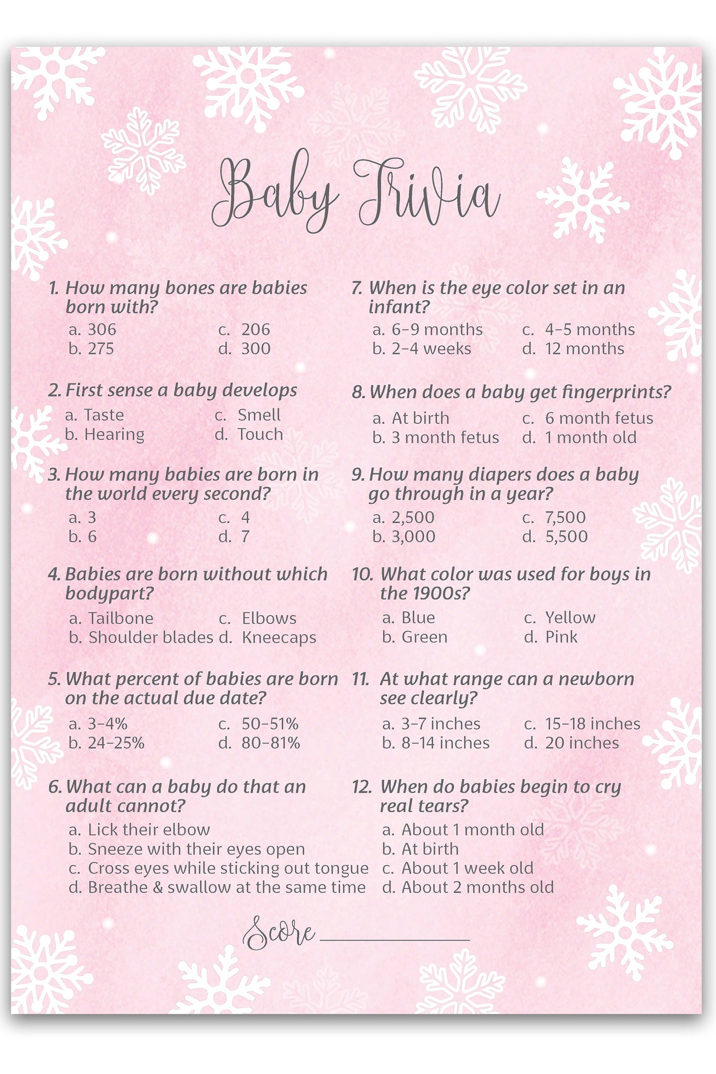 Snowflakes Baby Trivia Baby Shower Game • Pack of 25 • Pink Winter Wonderland Theme