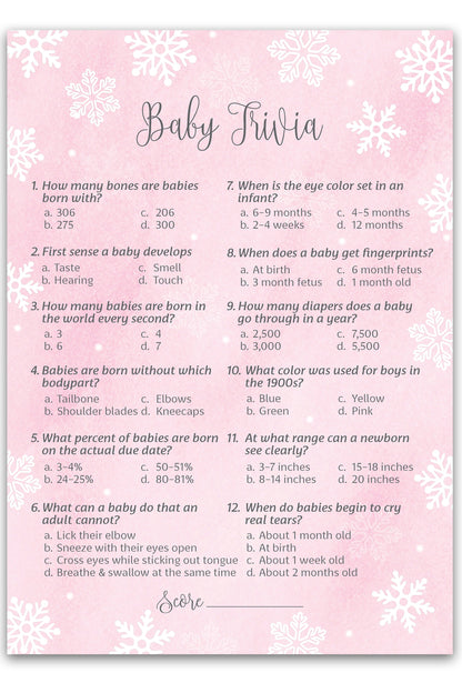 Snowflakes Baby Trivia Baby Shower Game • Pack of 25 • Pink Winter Wonderland Theme